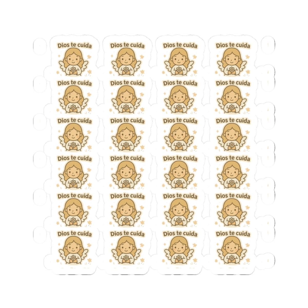 Peace & Faith Spanish Angel , Dios te cuida – God cares for you Stickers – Printable Christian Calming Quotes for Journaling & Gifts. Peaceful and loving angel messages in Spanish to inspire calm, divine protection, and inner trust.
