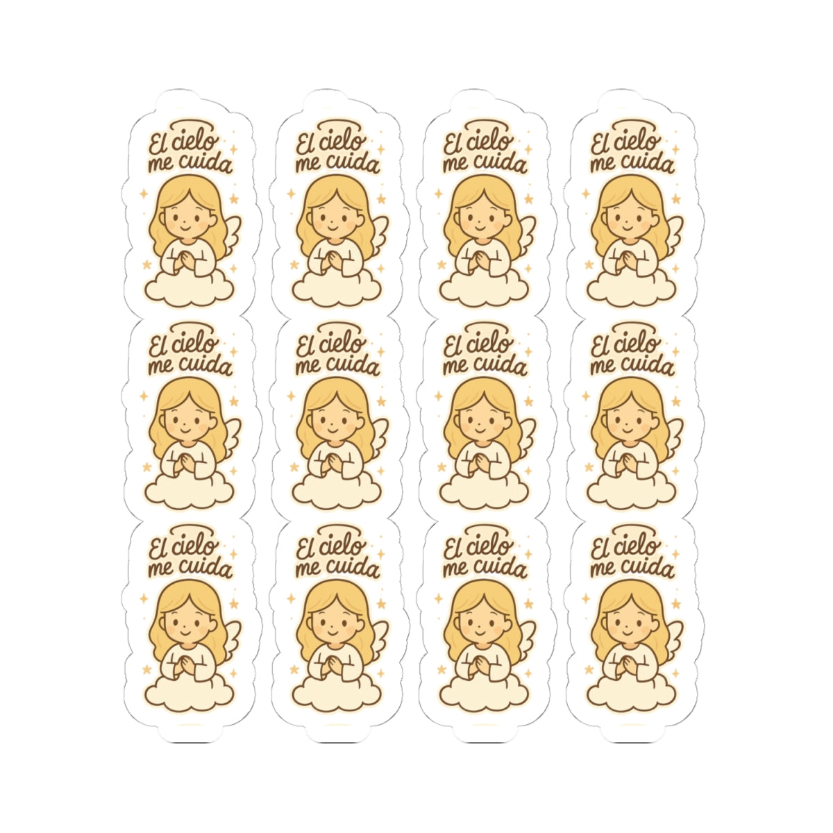 Christian Angel , El cielo me cuida (Heaven watches over Stickers in Spanish – “Brilla con Fe” Inspirational Faith Stickers. Heaven speaks softly through these angelic whispers of faith, strength and divine care—now in Spanish.