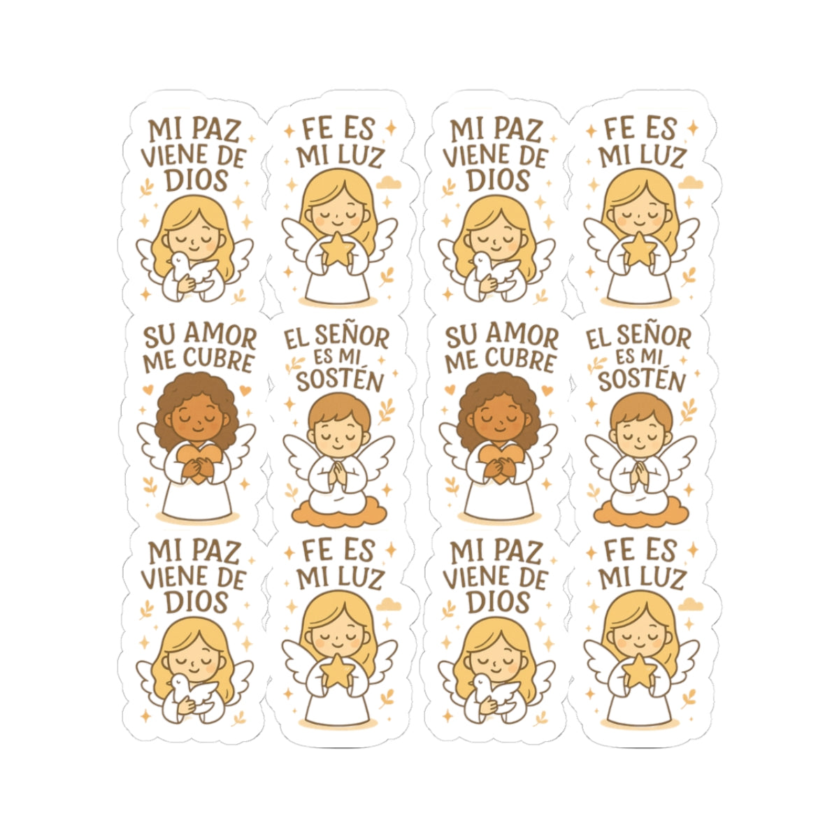 Spanish Christian Angel Stickers – Faith, Peace & Love Kawaii Stickers in Español. Faith speaks in every language—feel the peace of God through tender angel blessings in Spanish.