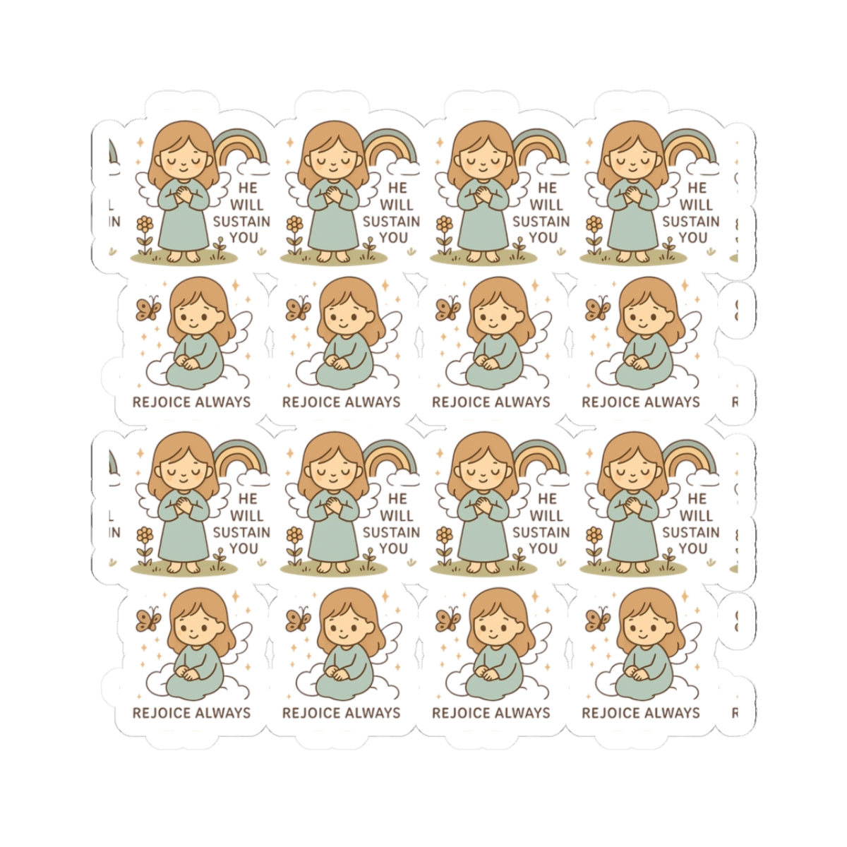 Christian Angel Stickers – Pastel Faith-Inspired Kawaii Sheet with Uplifting Bible Affirmations. Faith for your heart. Peace for your soul. Hope in every sticker.
