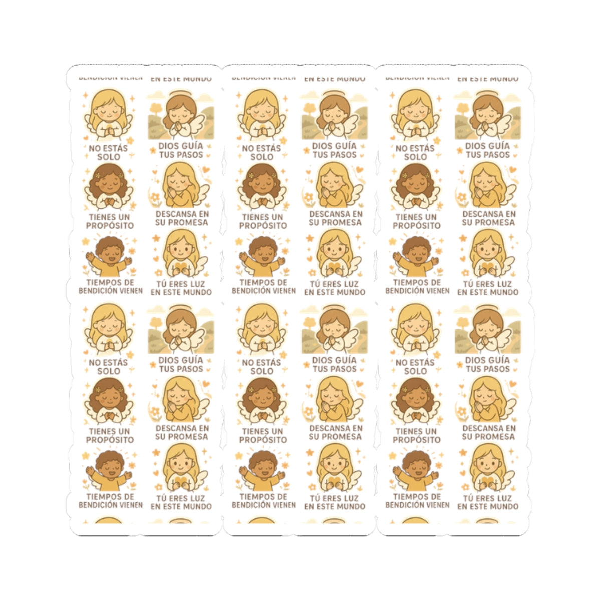 Divine Purpose Angel Stickers in Spanish – Inspirational Christian Printables for Encouragement & Faith. Encouraging messages of purpose, promise, and divine light to uplift your spirit daily.