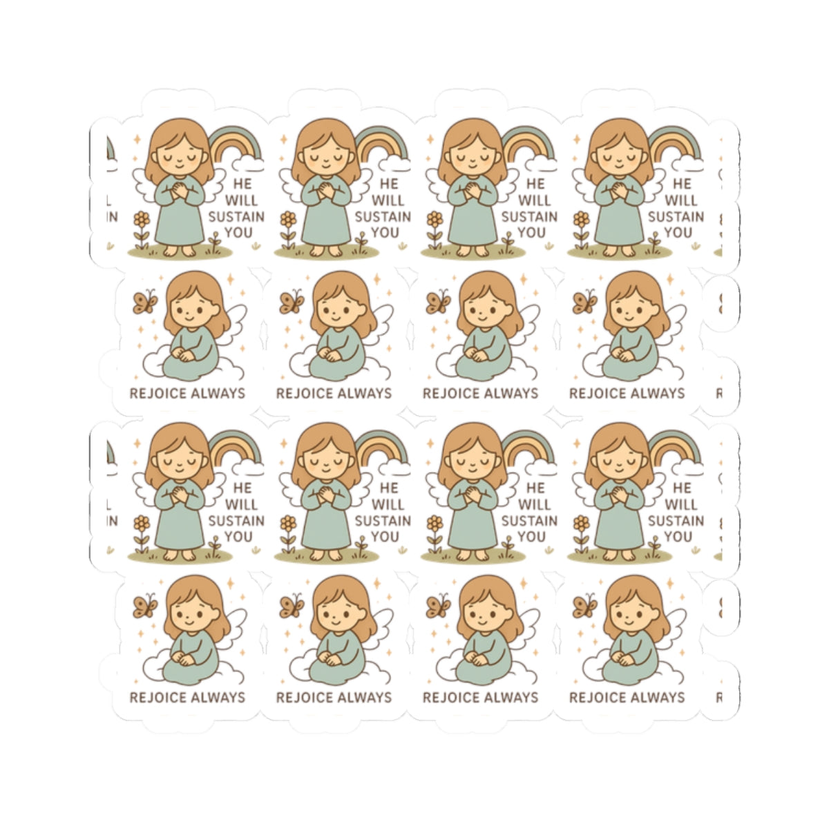 Christian Angel Stickers – Pastel Faith-Inspired Kawaii Sheet with Uplifting Bible Affirmations. Faith for your heart. Peace for your soul. Hope in every sticker.