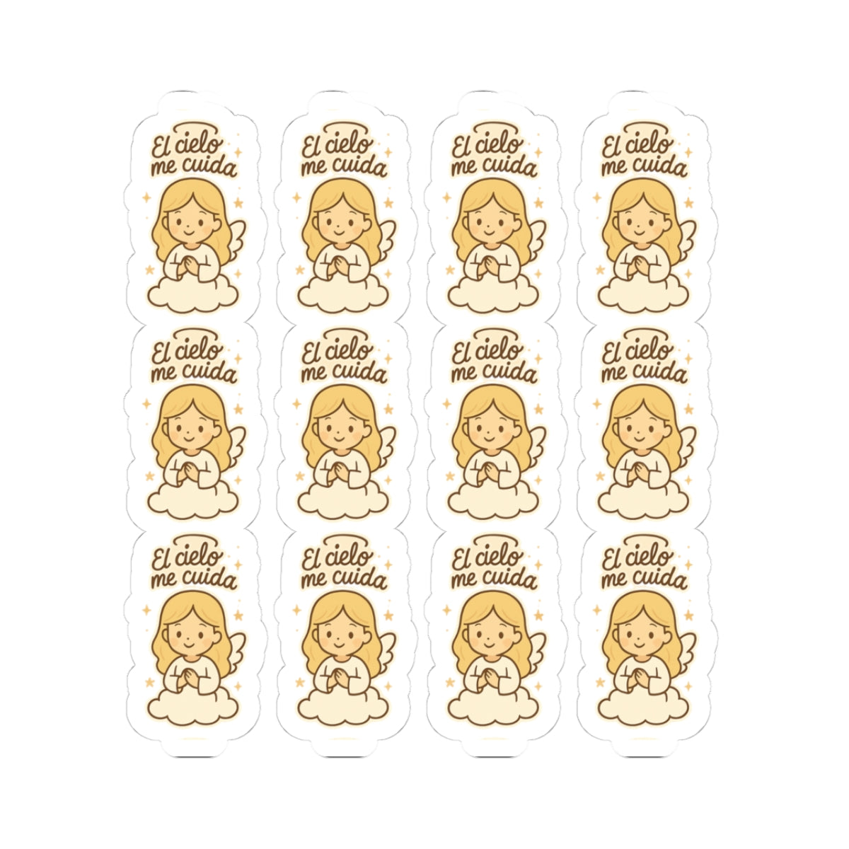Christian Angel , El cielo me cuida (Heaven watches over Stickers in Spanish – “Brilla con Fe” Inspirational Faith Stickers. Heaven speaks softly through these angelic whispers of faith, strength and divine care—now in Spanish.