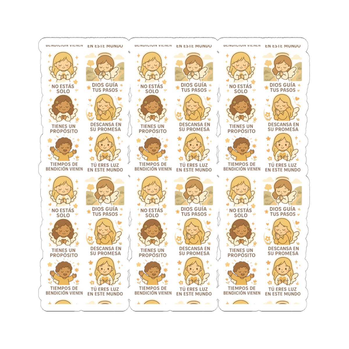 Divine Purpose Angel Stickers in Spanish – Inspirational Christian Printables for Encouragement & Faith. Encouraging messages of purpose, promise, and divine light to uplift your spirit daily.