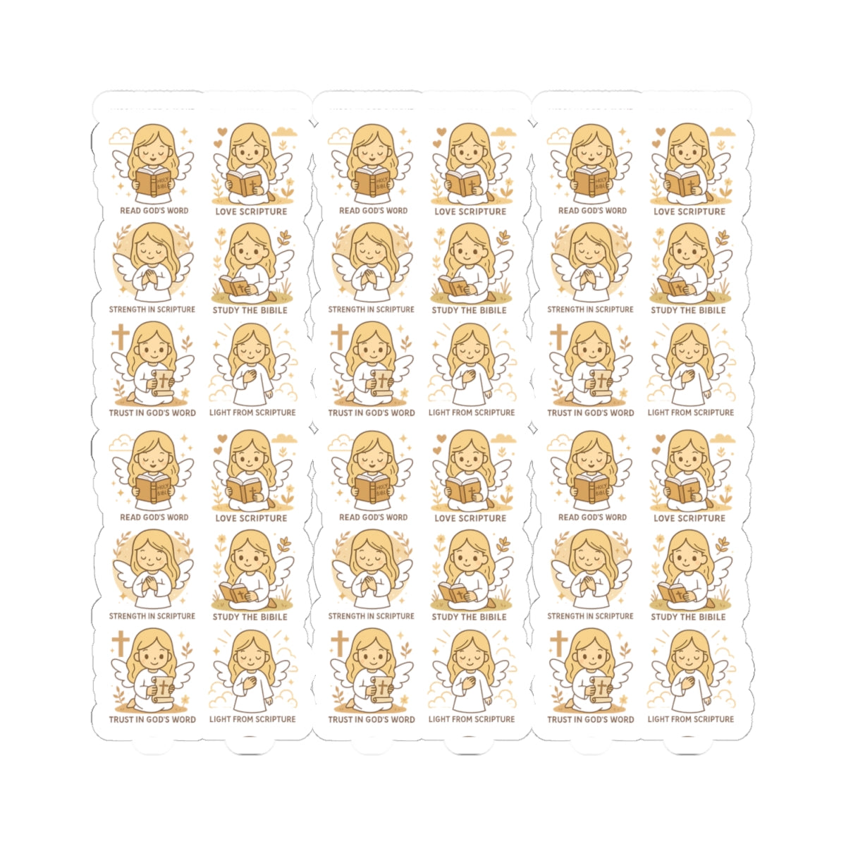 Bible Study Angel Stickers – Christian Scripture Kawaii Stickers for Journals & Faith Gifts. Bring light, strength, and joy to your quiet time with these tender Scripture angels.