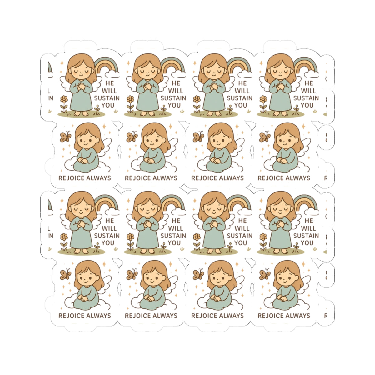Christian Angel Stickers – Pastel Faith-Inspired Kawaii Sheet with Uplifting Bible Affirmations. Faith for your heart. Peace for your soul. Hope in every sticker.