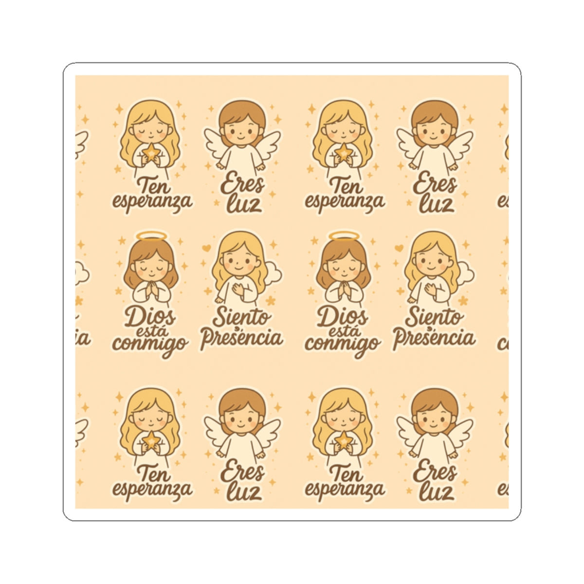 Faith love Spanish Christian Kawaii Stickers – Inspirational Angel Sheet for Faith, Gratitude & Healing. Faith speaks in Spanish too — let every sticker be a prayer full of love, peace, and healing.