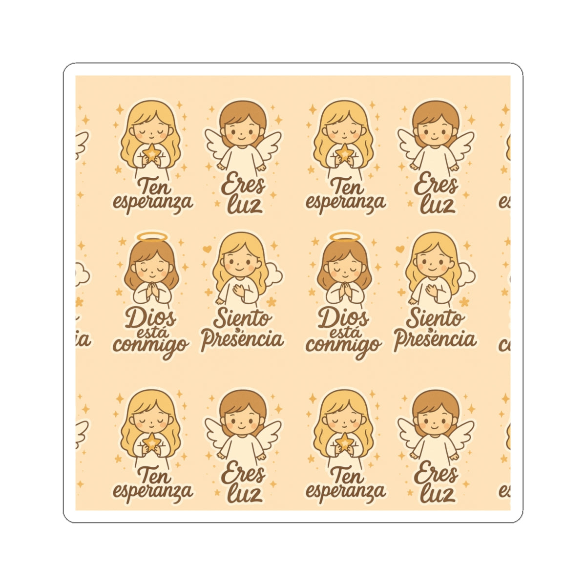 Faith love Spanish Christian Kawaii Stickers – Inspirational Angel Sheet for Faith, Gratitude & Healing. Faith speaks in Spanish too — let every sticker be a prayer full of love, peace, and healing.