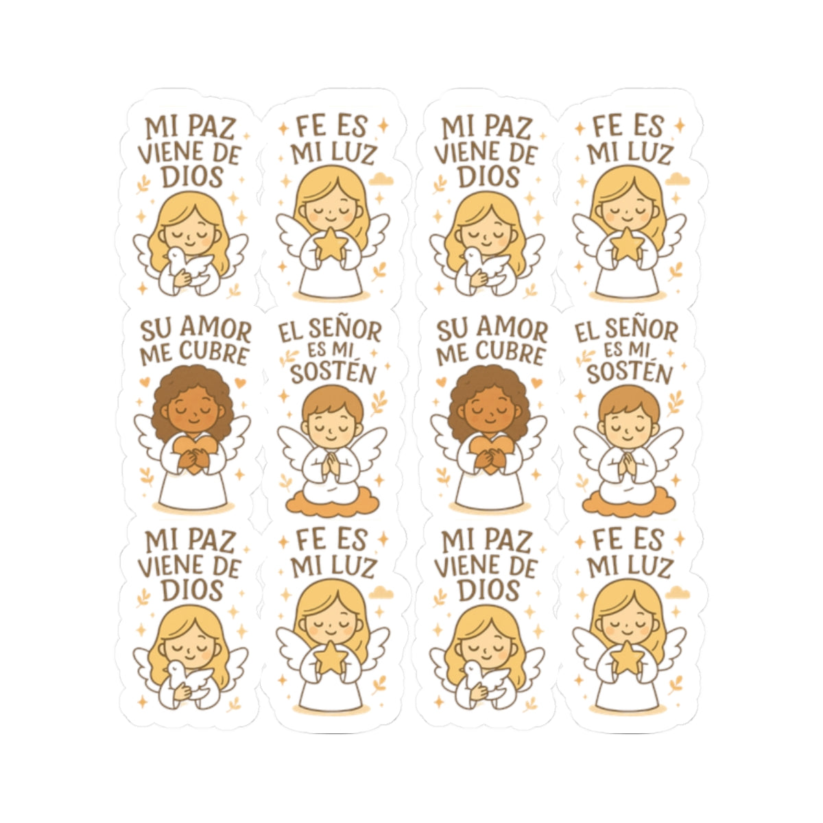 Spanish Christian Angel Stickers – Faith, Peace & Love Kawaii Stickers in Español. Faith speaks in every language—feel the peace of God through tender angel blessings in Spanish.