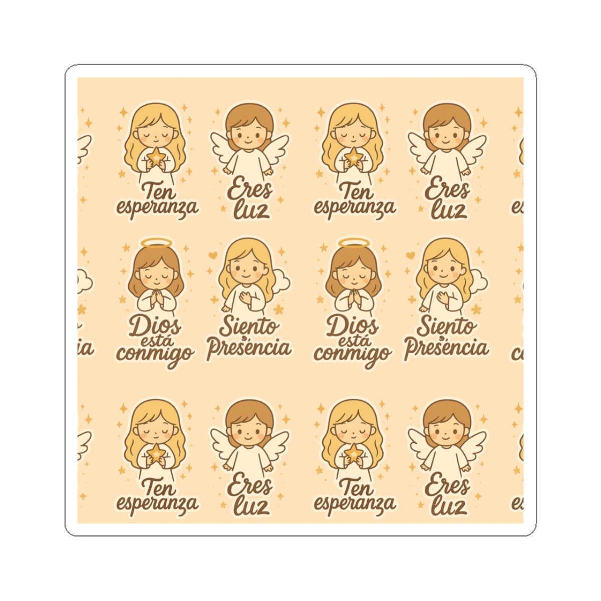 Faith love Spanish Christian Kawaii Stickers – Inspirational Angel Sheet for Faith, Gratitude & Healing. Faith speaks in Spanish too — let every sticker be a prayer full of love, peace, and healing.
