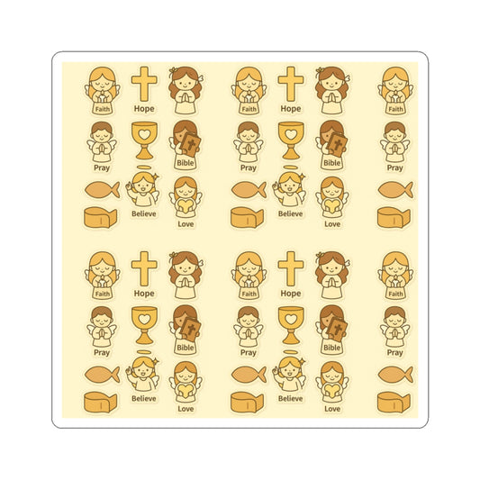 Faith Hope Love Stickers – Minimalist Christian Kawaii Sheet for Journaling & Bible Notes. Christian Icons Sticker Sheet – Cross, Bible, Fish & Praying Angels