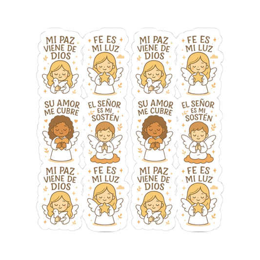 Spanish Christian Angel Stickers – Faith, Peace & Love Kawaii Stickers in Español. Faith speaks in every language—feel the peace of God through tender angel blessings in Spanish.