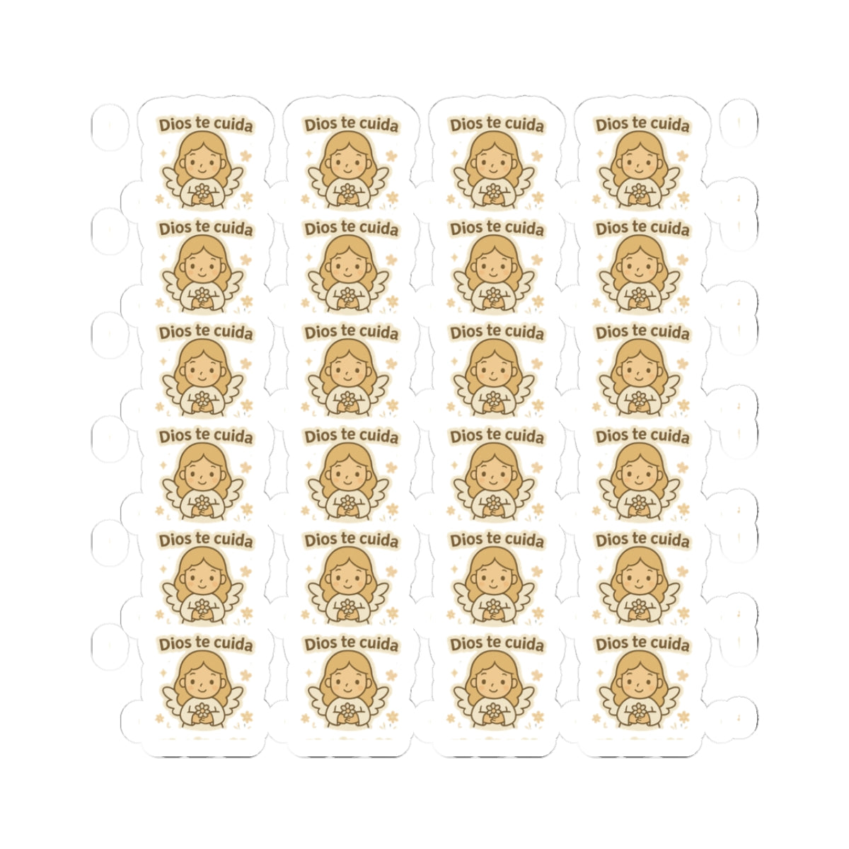 Peace & Faith Spanish Angel , Dios te cuida – God cares for you Stickers – Printable Christian Calming Quotes for Journaling & Gifts. Peaceful and loving angel messages in Spanish to inspire calm, divine protection, and inner trust.