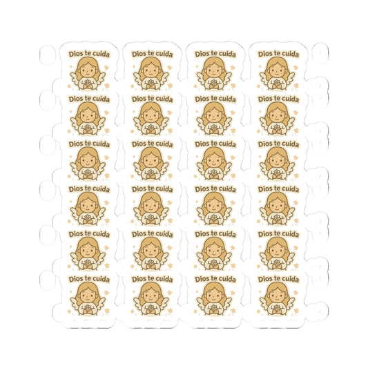 Peace & Faith Spanish Angel , Dios te cuida – God cares for you Stickers – Printable Christian Calming Quotes for Journaling & Gifts. Peaceful and loving angel messages in Spanish to inspire calm, divine protection, and inner trust.