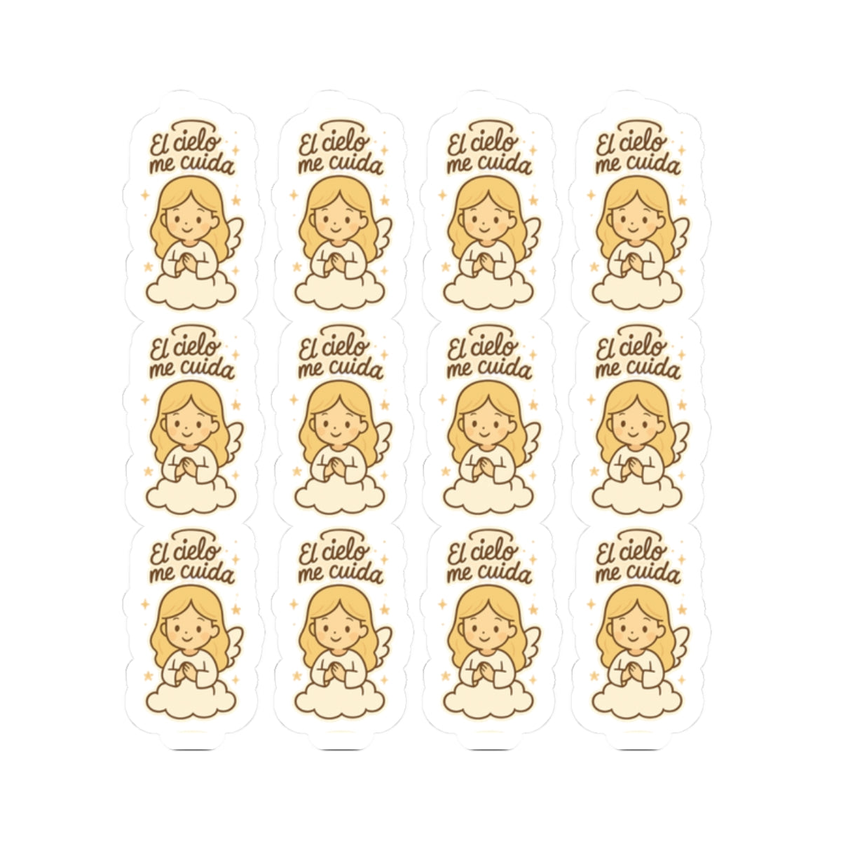 Christian Angel , El cielo me cuida (Heaven watches over  Stickers in Spanish – “Brilla con Fe” Inspirational Faith Stickers. Heaven speaks softly through these angelic whispers of faith, strength and divine care—now in Spanish.