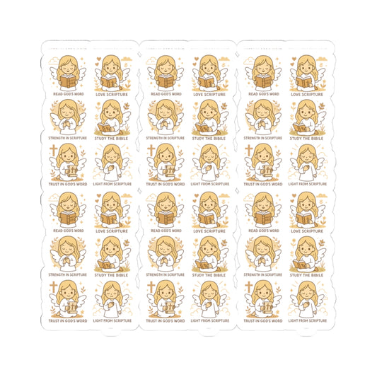 Bible Study Angel Stickers – Christian Scripture Kawaii Stickers for Journals & Faith Gifts. Bring light, strength, and joy to your quiet time with these tender Scripture angels.
