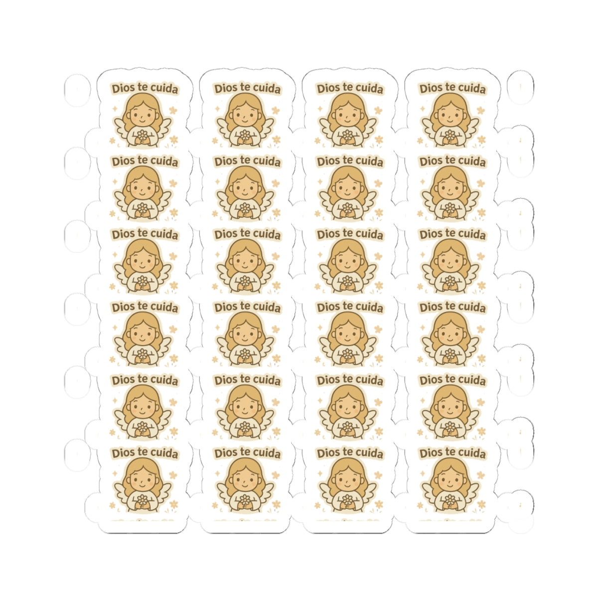 Peace & Faith Spanish Angel , Dios te cuida – God cares for you Stickers – Printable Christian Calming Quotes for Journaling & Gifts. Peaceful and loving angel messages in Spanish to inspire calm, divine protection, and inner trust.