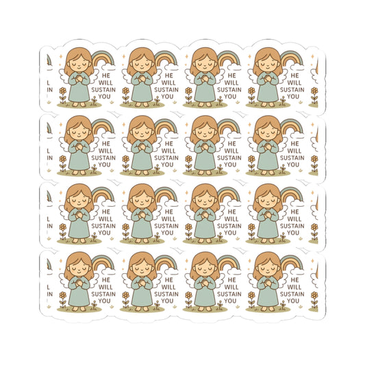 Christian Angel , He Will Sustain You Stickers – Pastel Faith-Inspired Kawaii Sheet with Uplifting Bible Affirmations. Faith for your heart. Peace for your soul. Hope in every sticker.