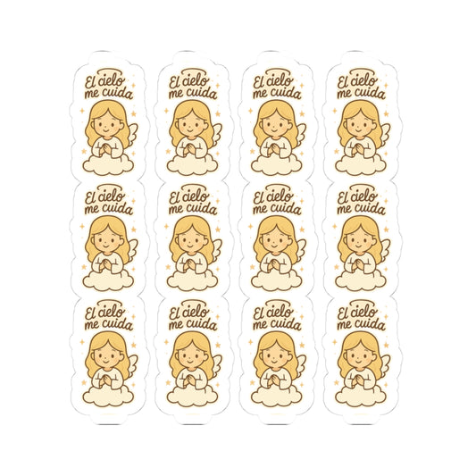 Christian Angel , El cielo me cuida (Heaven watches over  Stickers in Spanish – “Brilla con Fe” Inspirational Faith Stickers. Heaven speaks softly through these angelic whispers of faith, strength and divine care—now in Spanish.
