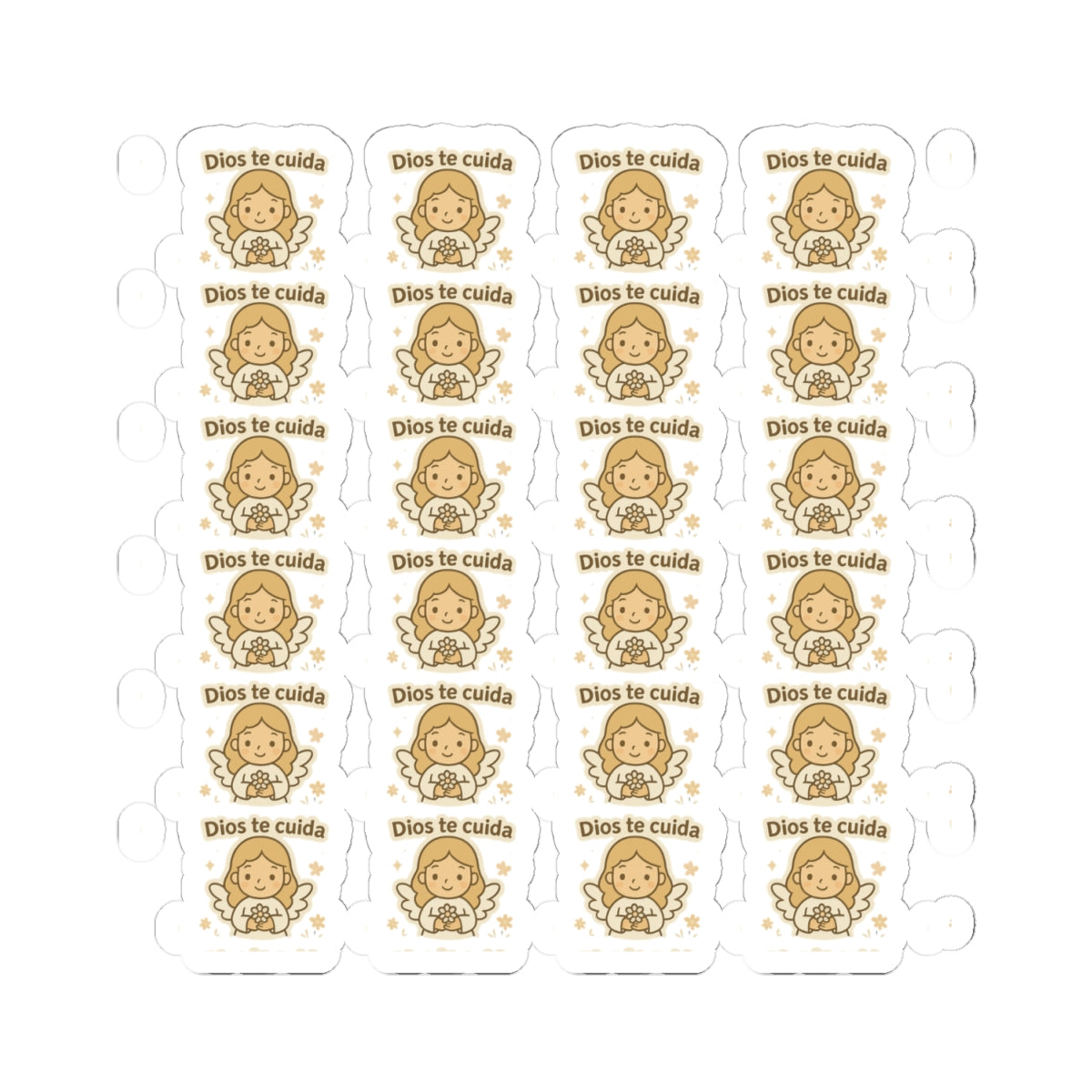 Peace & Faith Spanish Angel , Dios te cuida – God cares for you Stickers – Printable Christian Calming Quotes for Journaling & Gifts. Peaceful and loving angel messages in Spanish to inspire calm, divine protection, and inner trust.