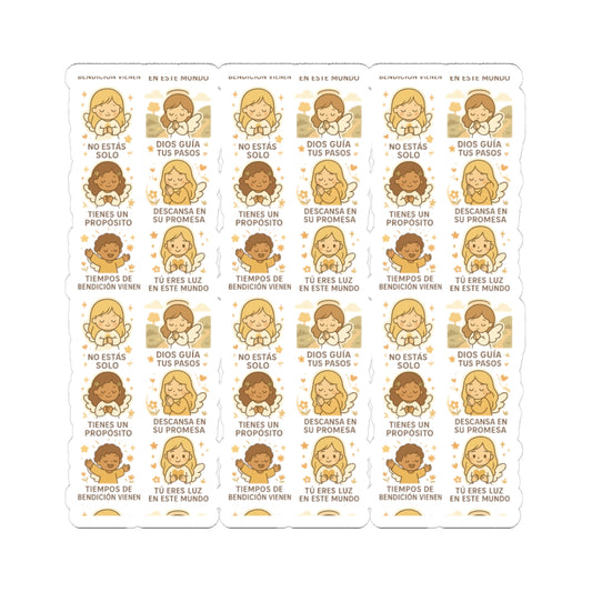 Divine Purpose Angel Stickers in Spanish – Inspirational Christian Printables for Encouragement & Faith. Encouraging messages of purpose, promise, and divine light to uplift your spirit daily.
